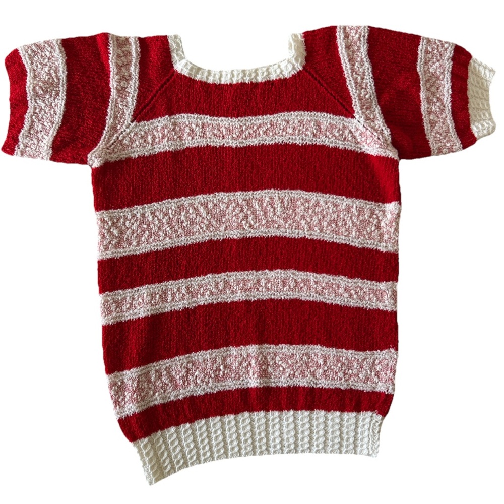 Vintage, knitted, short sleeved, square neck, red & white sweater